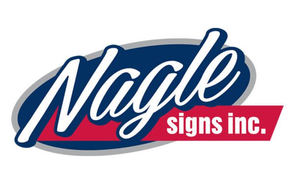 Blue oval logo with the text "Nagle" in white cursive and "signs inc." in white on a red banner.